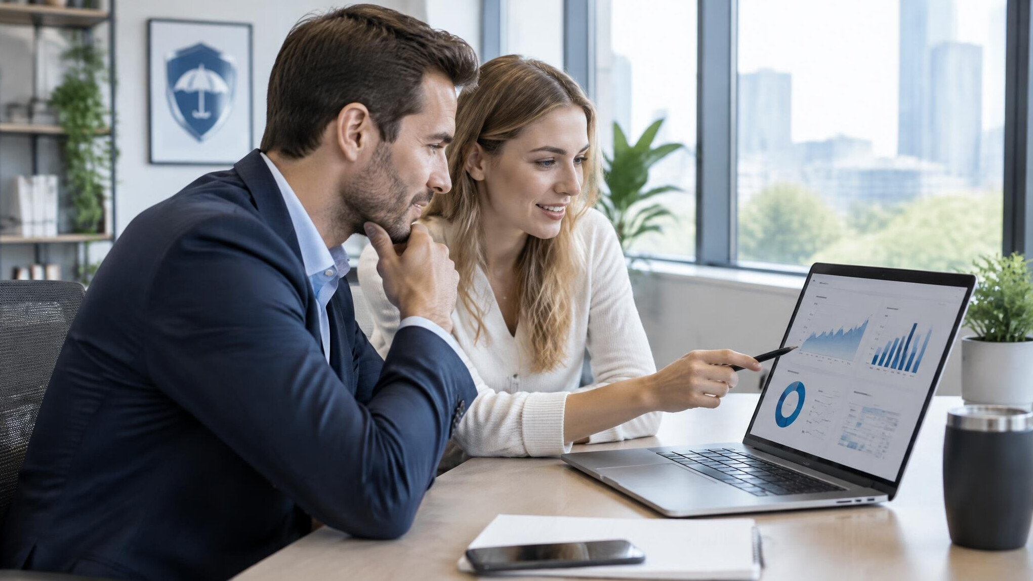 Two colleagues reviewing data charts on a laptop in a modern office